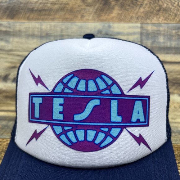 Tesla Band Mens Trucker Hat Navy Snapback 80s Rock N Roll Band Baseball Cap - Picture 3 of 8